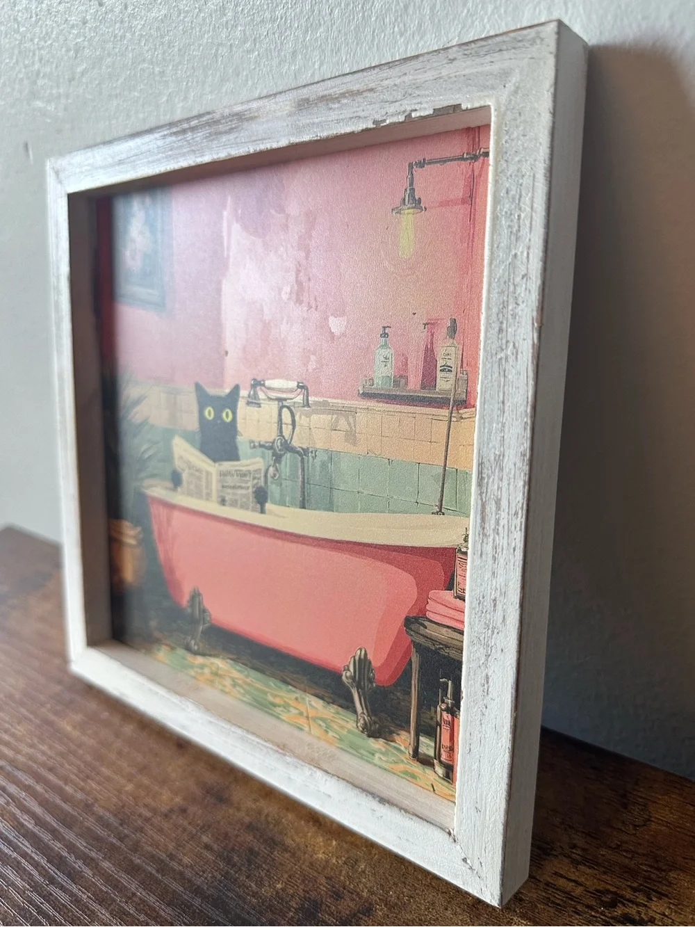 Framed Wooden Cat in Pink Bathtub Cat w/ Newspaper Wall Art Home Bath Decor NWT